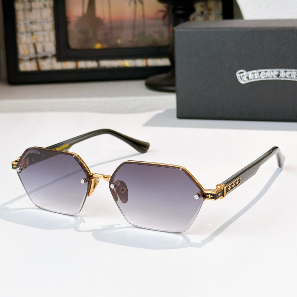 Gold sunglasses with purple-tinted hexagonal lenses and metal temple detail