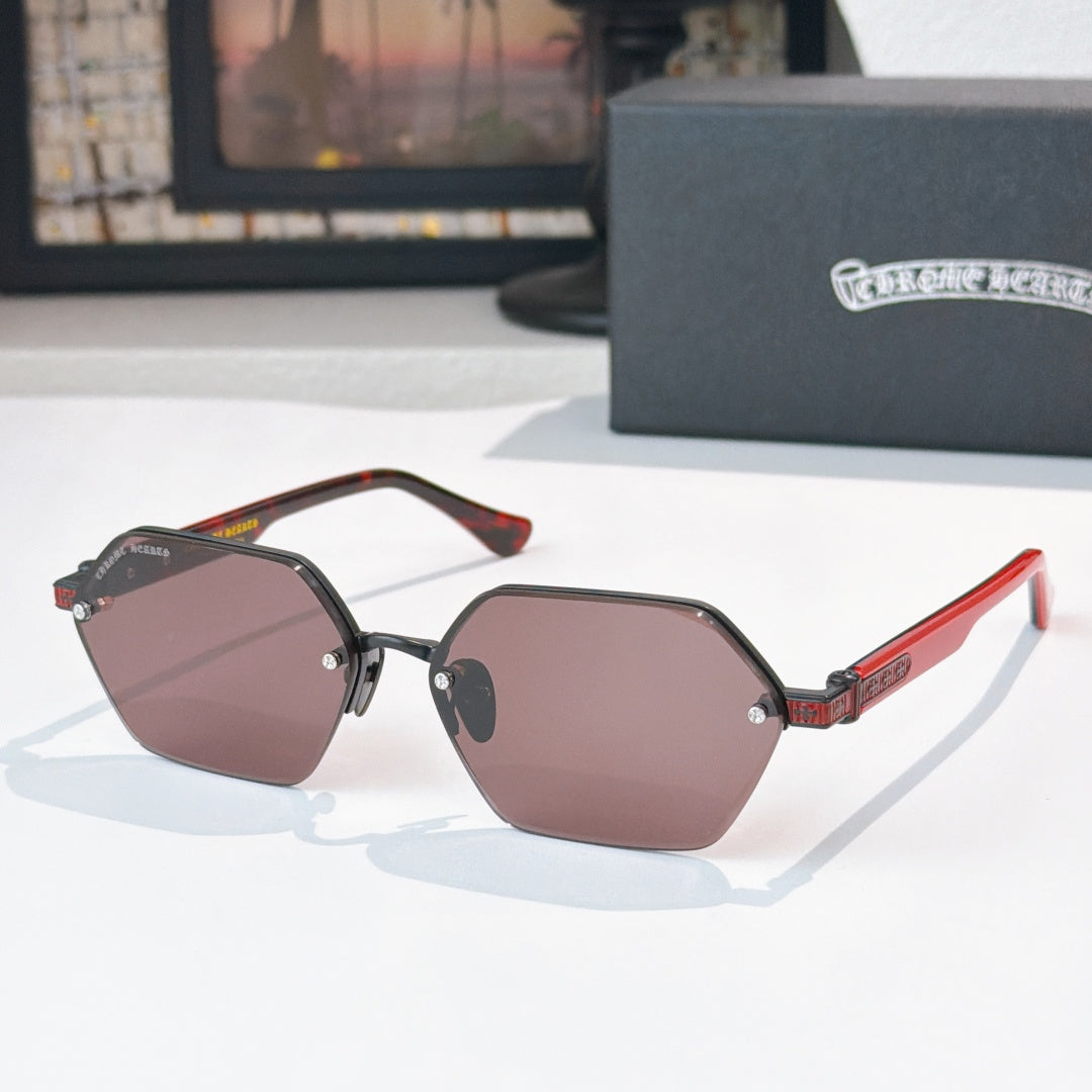 Black and red sunglasses with dark brown hexagonal lenses and metal hinges