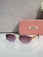 MiuMiu cat-eye sunglasses with purple lenses, maroon acetate frame, gold accents