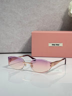 MiuMiu cat-eye sunglasses with light purple lenses, maroon frame, gold accents