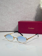 Cartier glasses, gold-tone frames with light blue lenses and black temple arms