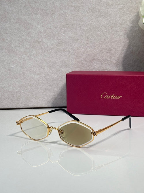 Cartier glasses, gold-tone frames with olive-tinted lenses and black temple arms
