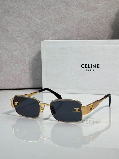 Gold-tone rectangular sunglasses, dark blue lenses, black temple accents