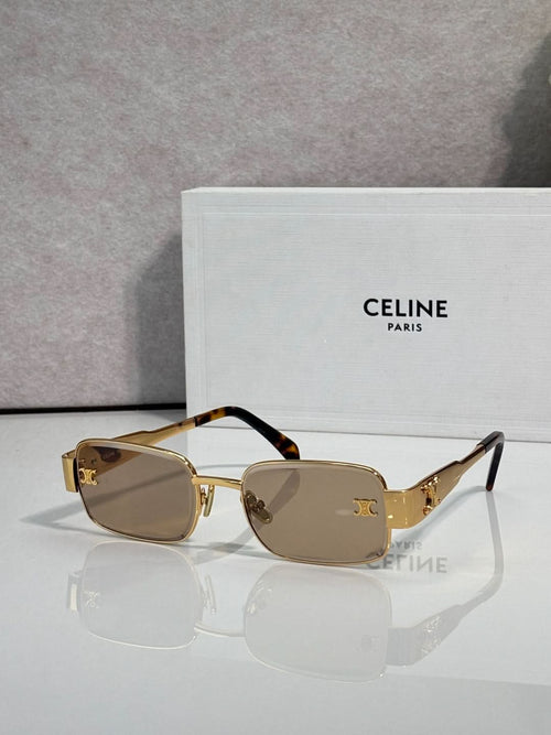 Gold-tone rectangular sunglasses, brown lenses, tortoiseshell temple arms