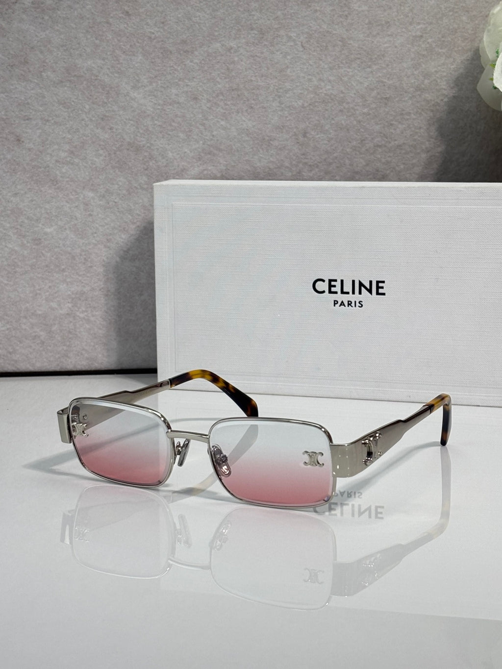 Silver-tone rectangular sunglasses, pink gradient lenses, tortoiseshell temple tips