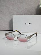 Silver-tone rectangular sunglasses, pink gradient lenses, tortoiseshell temple tips