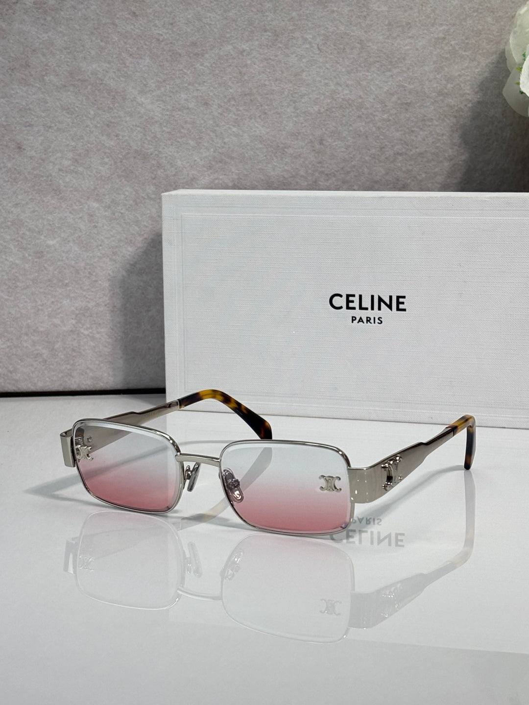 Silver-tone rectangular sunglasses, pink gradient lenses, tortoiseshell temple tips