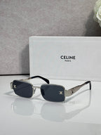 Gold-tone rectangular sunglasses, dark lenses, tortoiseshell temple arms