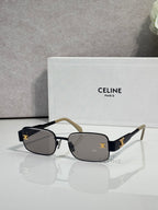 Gold-tone rectangular sunglasses, dark smoke lenses, tortoiseshell temple arms