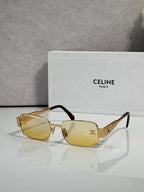Gold-tone rectangular sunglasses, amber lenses, tortoiseshell temple arms