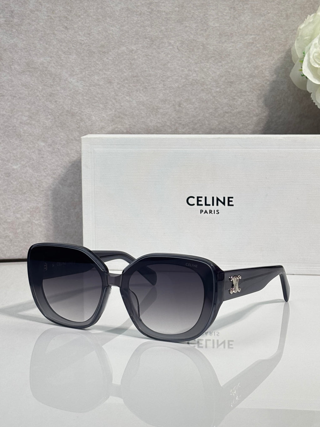 Celine square sunglasses, black frames with dark tinted lenses