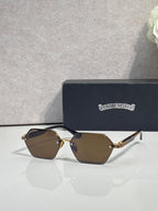Hexagon sunglasses with brown lenses and gold metal frame, dark temple details