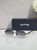 Hexagon sunglasses with blue-gray lenses and gold metal frame, black top bar