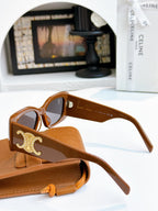 Celine sunglasses with brown frames, gold logo on temple, tinted lenses