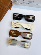 Celine sunglasses assortment with black, cream, and brown frames, jeweled logos