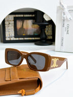 Celine sunglasses with brown frames and gold logo on temple, dark lenses