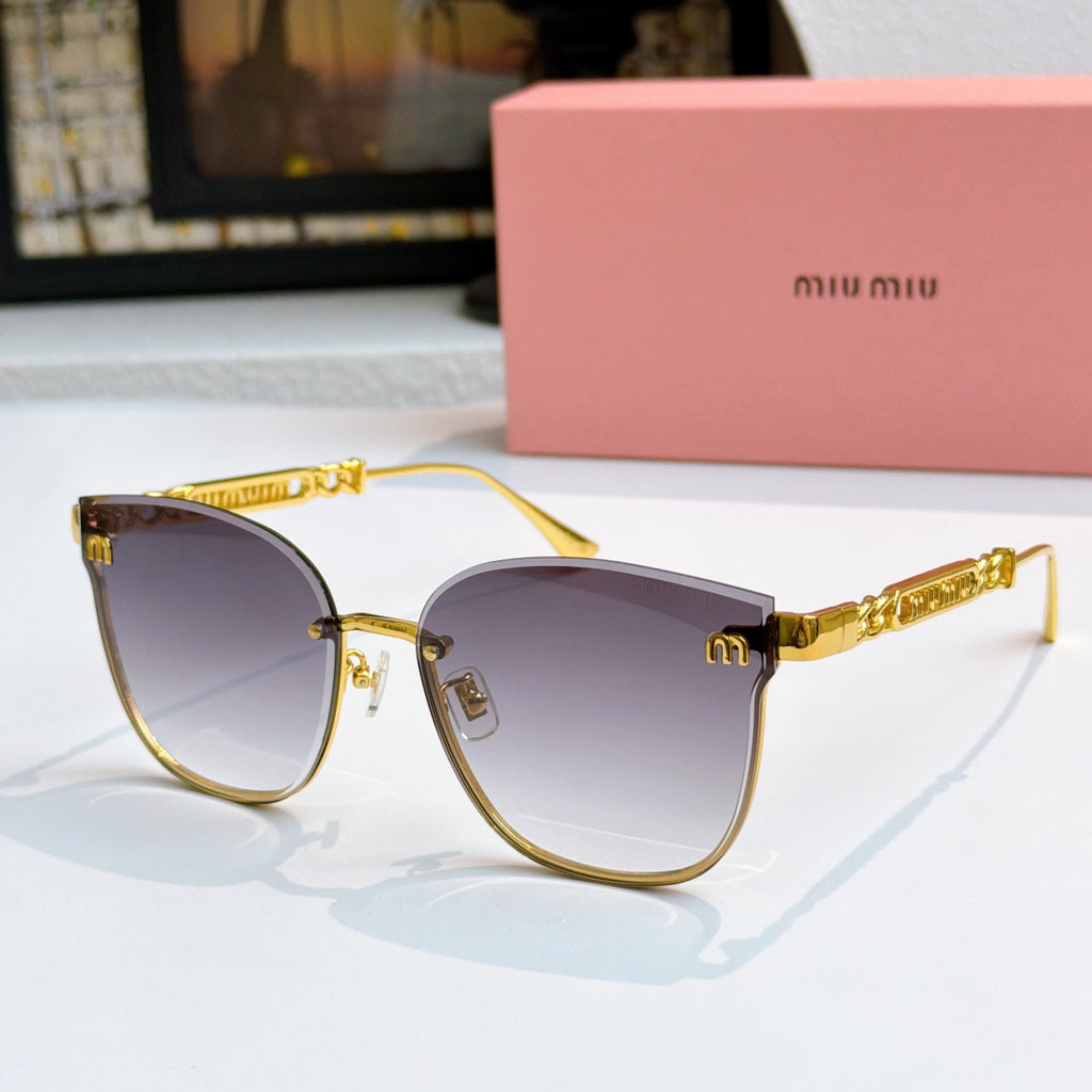 MiuMiu sunglasses with gold frames and purple tinted lenses, cat-eye style