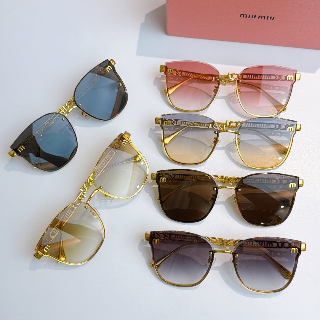MiuMiu gold sunglasses assortment with various tinted lenses arranged together
