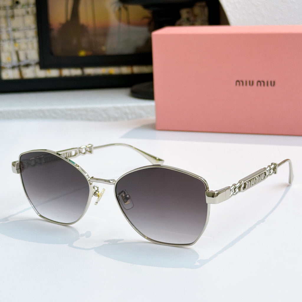 MiuMiu glasses with silver-tone cat-eye frames and dark gray tinted lenses
