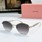 MiuMiu glasses with silver-tone cat-eye frames and dark gray tinted lenses