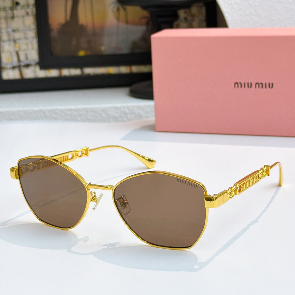 MiuMiu glasses with gold-tone cat-eye frames and dark brown tinted lenses