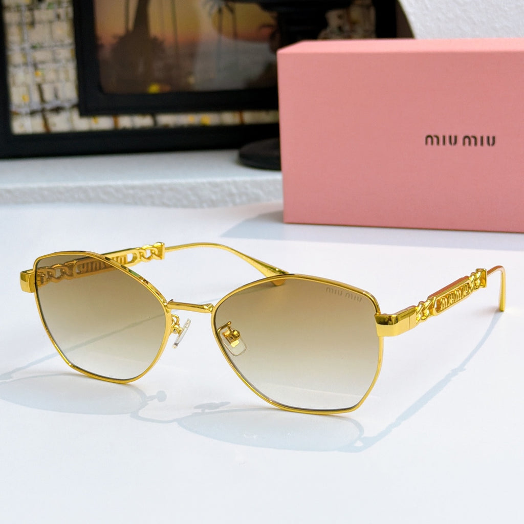 MiuMiu glasses with gold-tone cat-eye frames and gradient brown tinted lenses