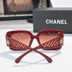 Red square sunglasses front view with lattice temple and gold CC logo, tinted lenses