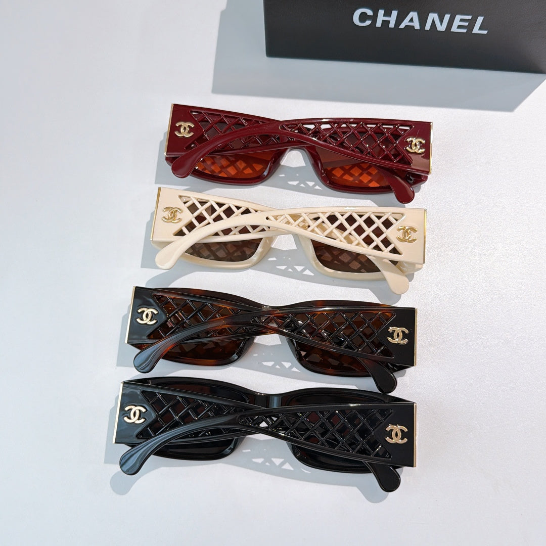 Mixed-color Chanel sunglasses set: red, cream, brown, and black with diamond temples