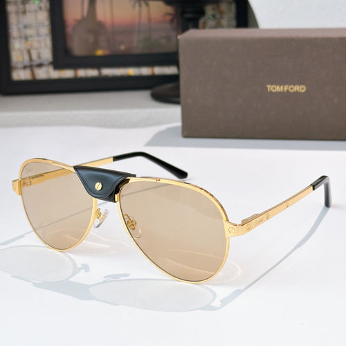 Gold-framed aviator sunglasses with light brown lenses and black temple arms