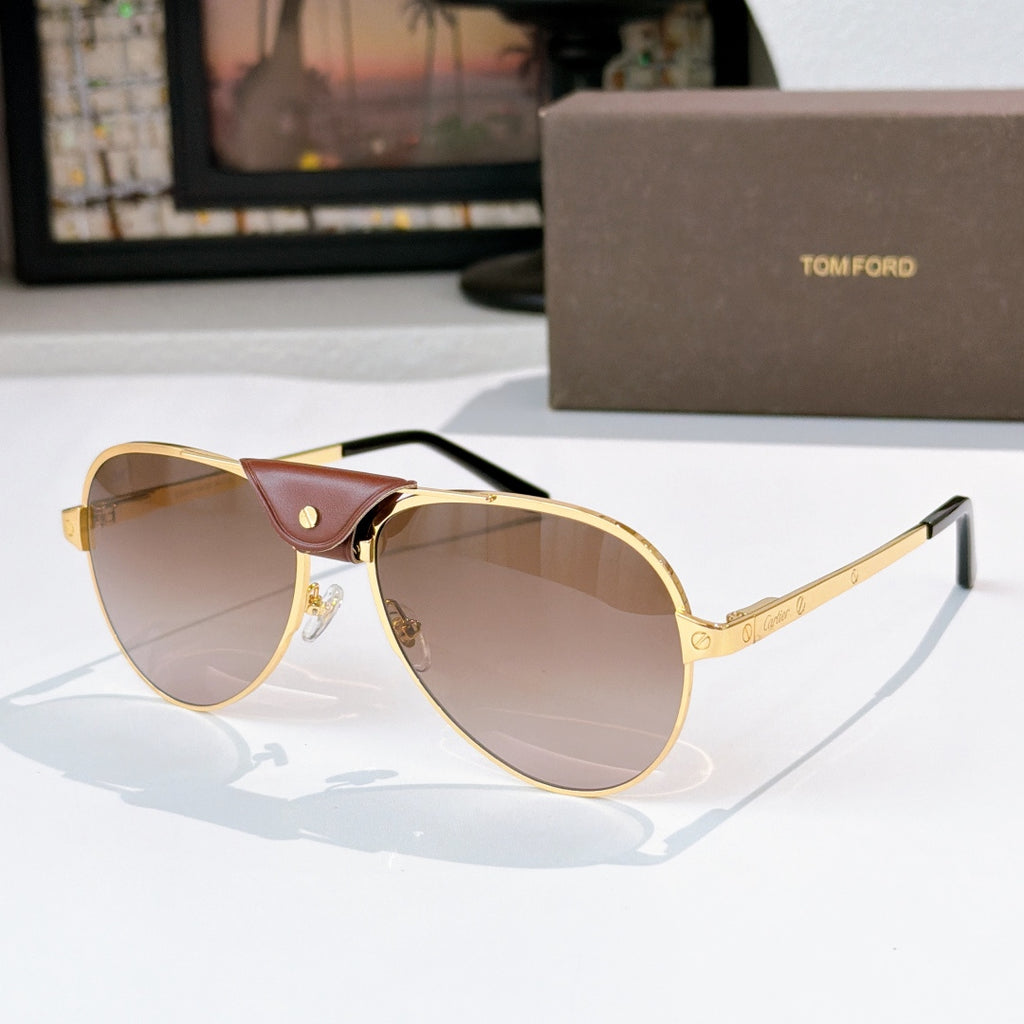 Gold-framed aviator sunglasses with tinted rose lenses and burgundy center bridge
