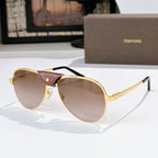 Gold-framed aviator sunglasses with tinted rose lenses and burgundy center bridge
