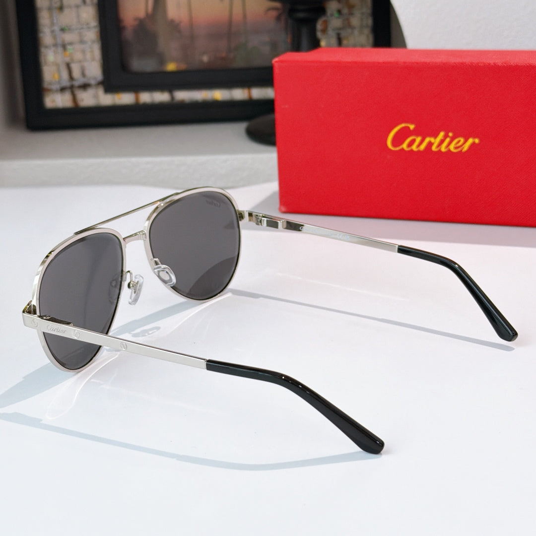 Cartier sunglasses side view with dark lenses and silver frame, black temple arms