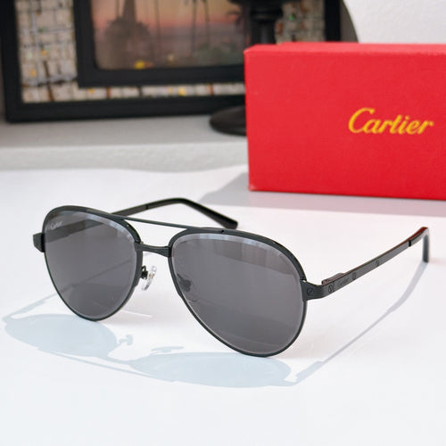 Cartier sunglasses with dark round lenses and black frame, metal temples