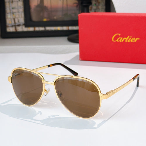 Cartier sunglasses with brown tinted lenses and gold frame, curved metal temples