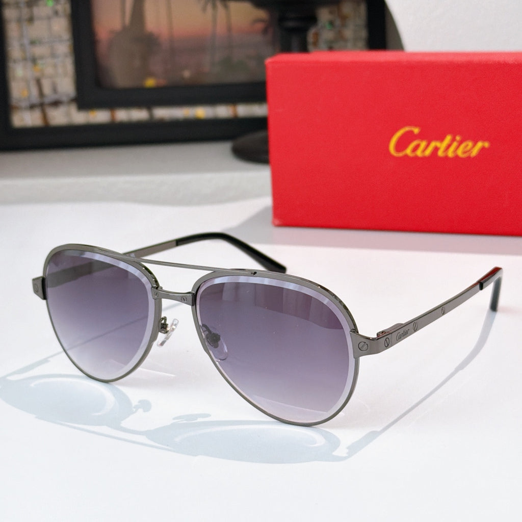 Cartier sunglasses with purple-gray lenses and light gray frame, metal temples