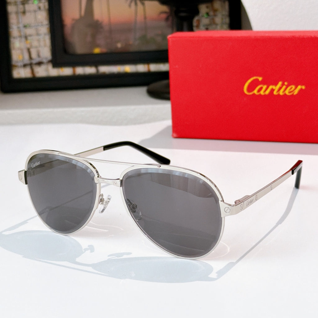 Cartier sunglasses with dark lenses and silver frame, metal temples