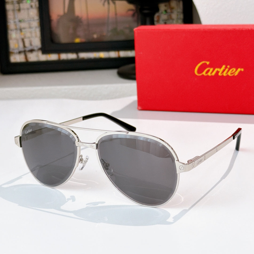 Cartier sunglasses with dark lenses and silver frame, metal temples