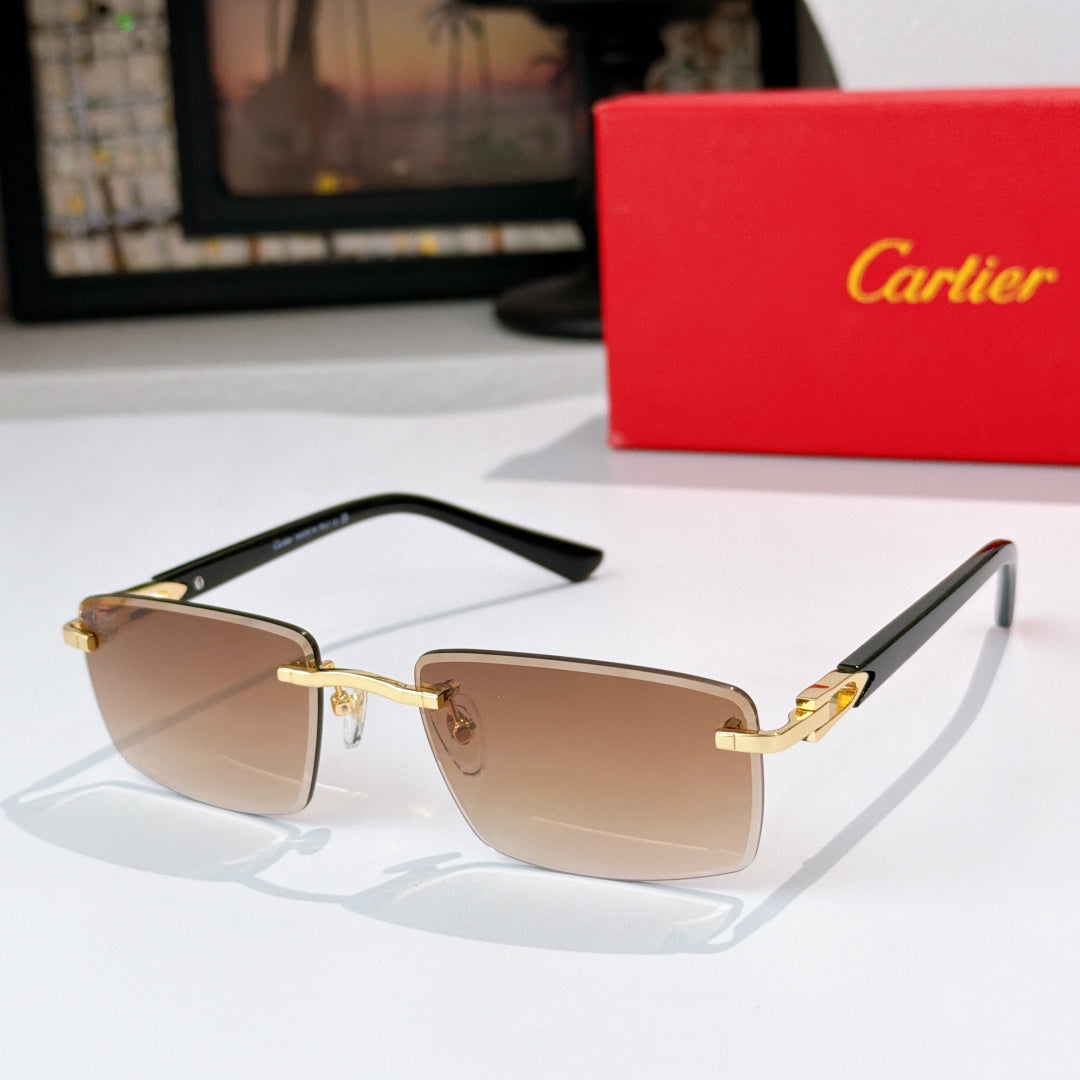 Cartier sunglasses with black frame and brown-tinted lenses, gold accents