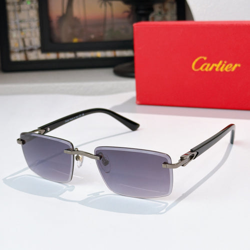 Cartier sunglasses with black frame and purple-tinted lenses, gold accents