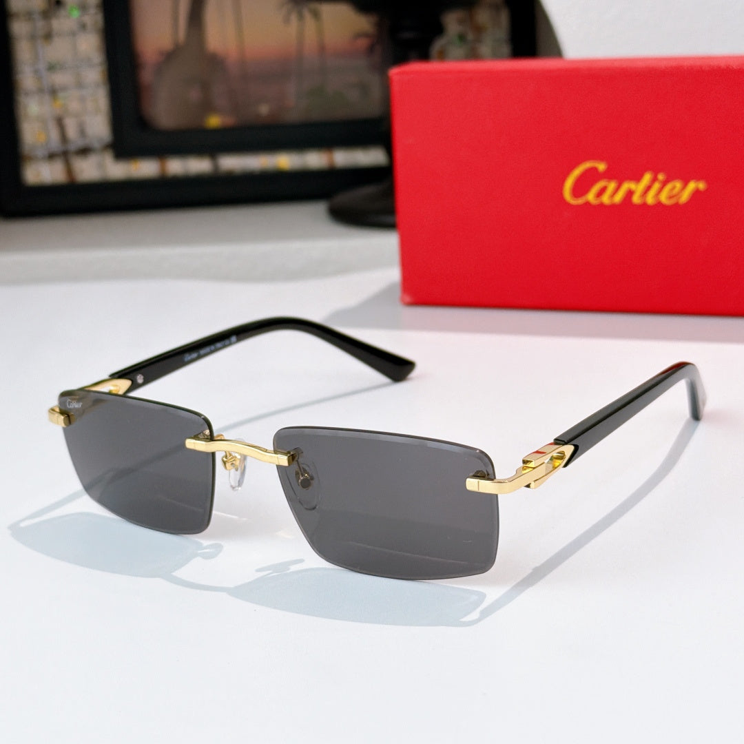 Cartier sunglasses with black frame and dark gray-tinted lenses, gold accents