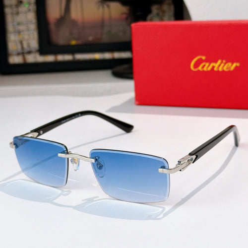 Cartier sunglasses with black frame and blue-tinted lenses, gold accents