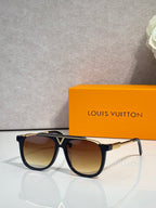 Louis Vuitton square sunglasses with brown-tinted lenses and dark tortoiseshell frame