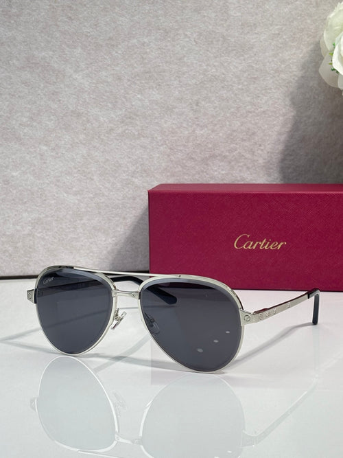 Cartier sunglasses with black round frames and dark gray tinted lenses