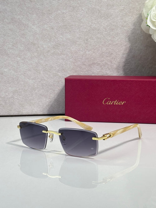 Gold sunglasses with dark navy square lenses and thin metal bridge