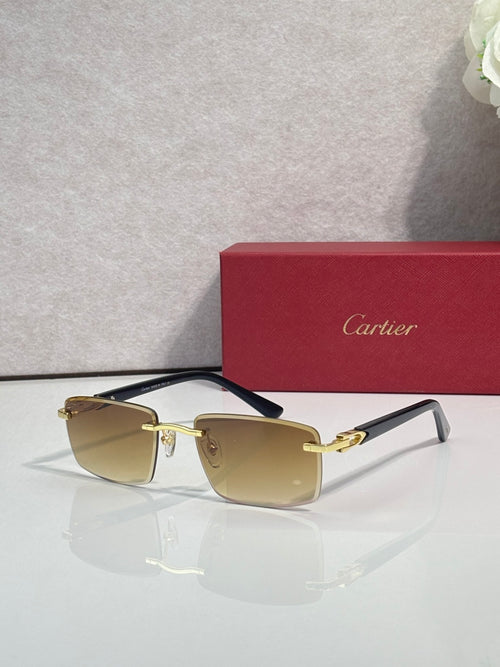 Gold sunglasses with light amber square lenses and black temple tips