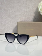 Cat-eye sunglasses with dark navy frames and gold temple detailing, tinted lenses