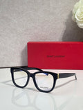 Saint Laurent eyeglasses with black frame and gold logo accents, front view