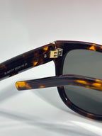Tortoise eyeglass hinge with gold logo, printed model text, close-up