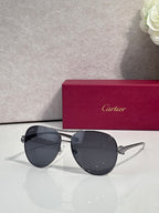 Cartier sunglasses with black tinted lenses and silver-tone cat-eye frames, side detail