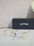 Gold metal frame eyeglasses with clear lenses and light purple tint round lenses